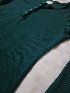 Green Ribbed Long Sleeve Henley Top