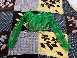 Green Sequin Crop Top with Coin Trim