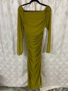 Olive Ruched Mesh Midi Dress