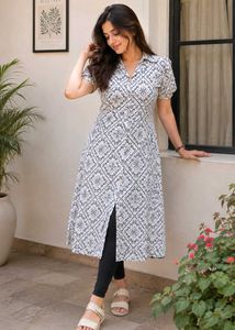 Elegant White & Black Printed Kurta