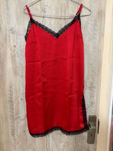 Red Satin Chemise with Black Lace Trim
