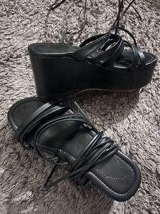 Black Strappy Lace-Up Wedge Sandals