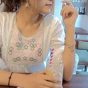 Embroidered White Cotton Kurti or dress
