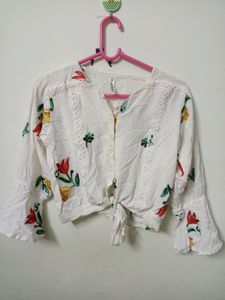 White Printed Crop Top With Bell Sized Hands