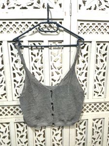 Grey Knit Button-Up Crop Top