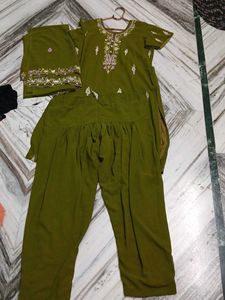 Elegant Olive Green Kurtaset with dupatta and pant
