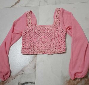 Pink Crochet Crop Top with Sheer Sleeves