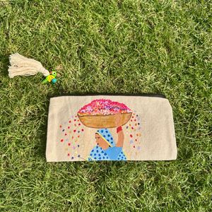 Hand-Painted Floral Pouch with parrot Tassel