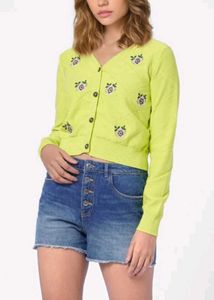 Cute Embroidered Lime Green Cardigan - XL Size