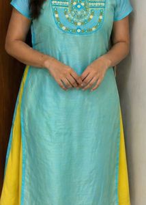 Embroidered Teal Kurta with Yellow Accents