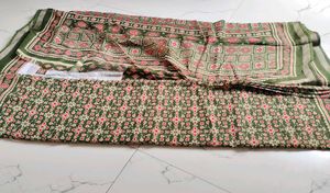 Green Saree with Red Floral Print