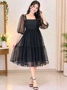 Elegant Black Mesh Puff Sleeve Dress
