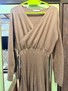 Taupe Belted Knit Elegant Accordian Midi Dress