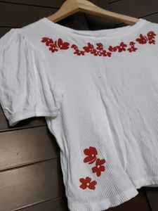 HEY White Puff Sleeve Ribbed Floral Embroidery Top