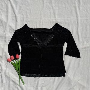 Elegant Black Lace Top with Pearl Detail