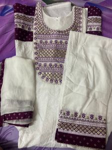 Brand New Cotton White Suit With Purple embroid