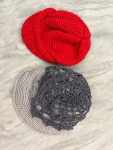 Chunky Knit Red Beret & Crochet Grey Hat Set
