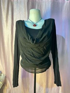 Sheer Black Draped Neck Long Sleeve Top