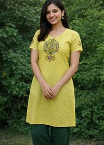 Greenish Yellow Embroidered Kurta