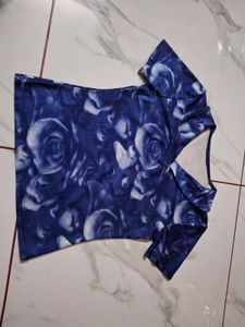 Blue Rose Print V-Neck Top