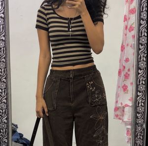 Brown Lace-neck Henley Top