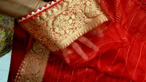 Elegant Red organza zari bordered Saree