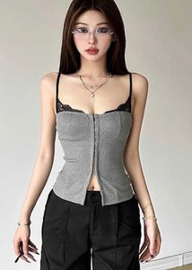 Grey Lace Trim Crop Tank Top with short skirt