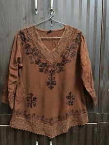 Embroidered V-Neck Brown Tunic