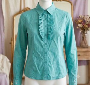 Chic Teal Ruffle Front Button-Up Shirt