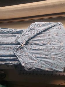 korean Blue Floral Print Shirt Dress