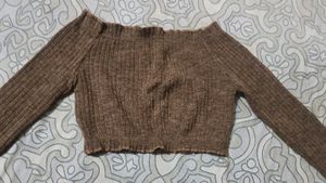 Brown Ribbed Off-Shoulder Crop Top