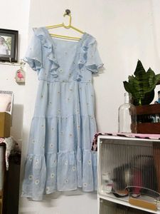 Light Blue Daisy Print Tiered Dress