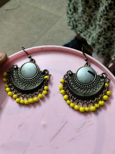 Bohemian Style Fan Earrings with Yellow Beads