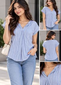Light Blue Striped V-Neck Top