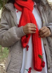 Charming Red Crocheted Scarf with Cherry Detail
