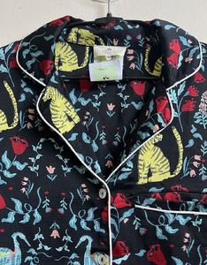 Whimsical Cat &amp; Crane Print Pajama Top