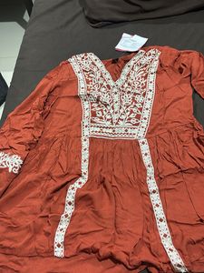 Embroidered Rust Cotton Kurta