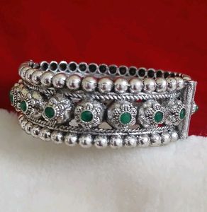 Oxidized Silver Bangle with Green Stones