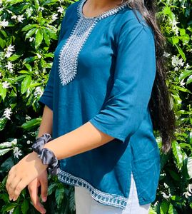 Embroidered Teal Short Kurti