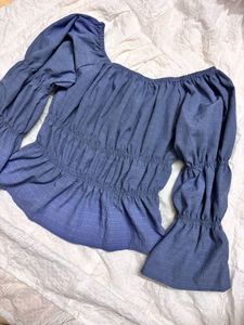 Blue Off-Shoulder Puff Sleeve Top