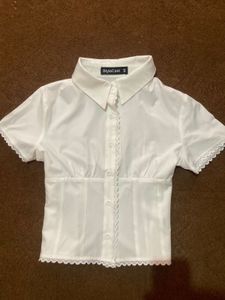 White Button-Up Lace Trim Top
