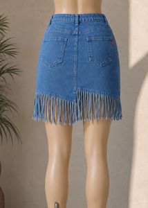 Light Blue Denim Fringe Mini Skirt