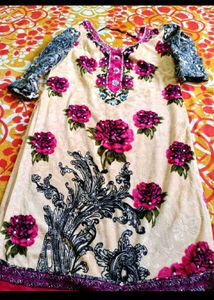 floral print real mirror work velvet kurta patiyal