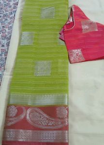 Elegant Lime Green Saree with Pink Blouse