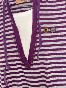 Purple &amp; grey striped hoodie tee (S)