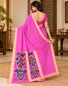Tant Vibrant Pink Saree with Ikat Border