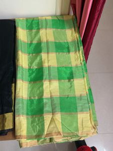Elegant Black Golden Border and Green saree