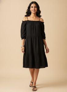 promod Black Off-Shoulder Tiered short Dress