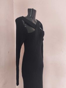 Chic Black Ribbed Long Sleeve Cut-Out Dress