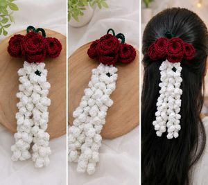 Handmade Crochet Rose &amp; White Flower Necklace